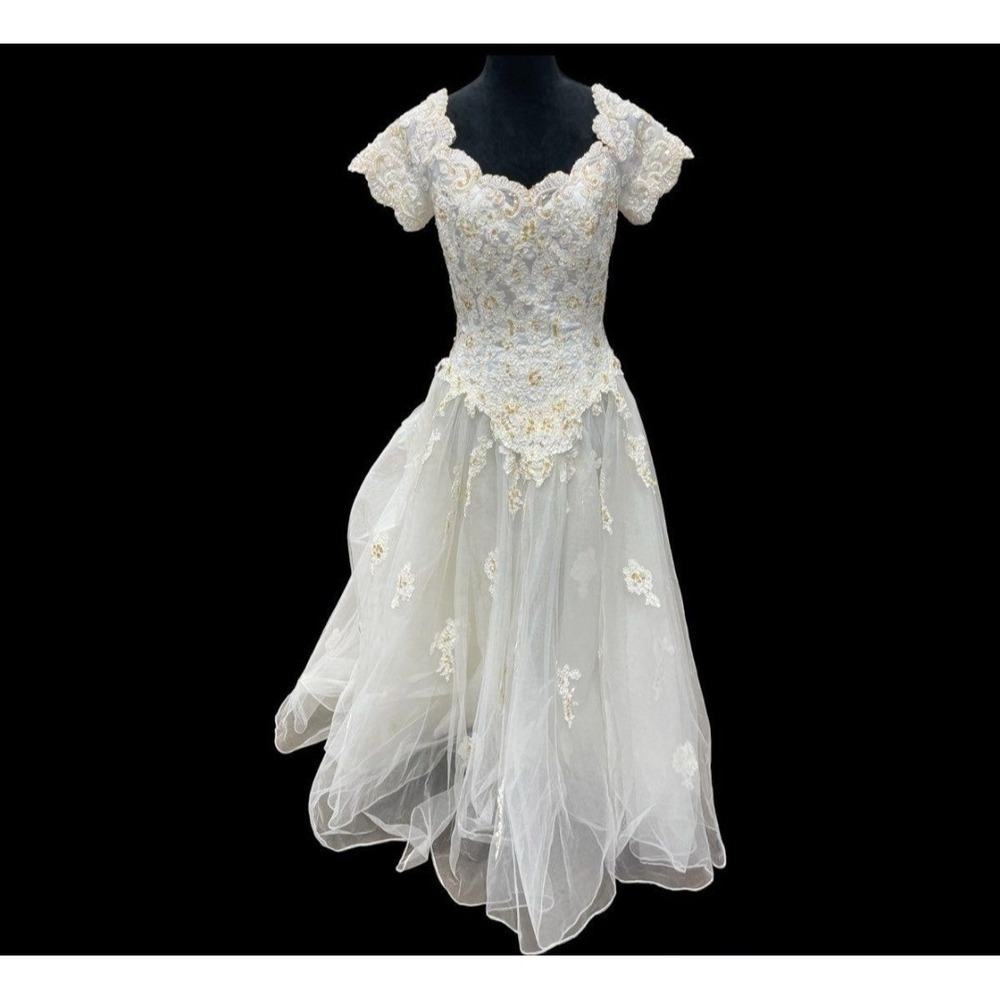 Princess Ball Gown Wedding Dress Sz 16 Faux Pearl Lace Applique Off Shoulder D30 - Picture 3 of 11